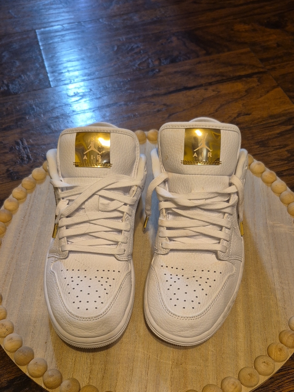 Jordan Women White and Gold Low-Top Sneakers with Metallic Accents